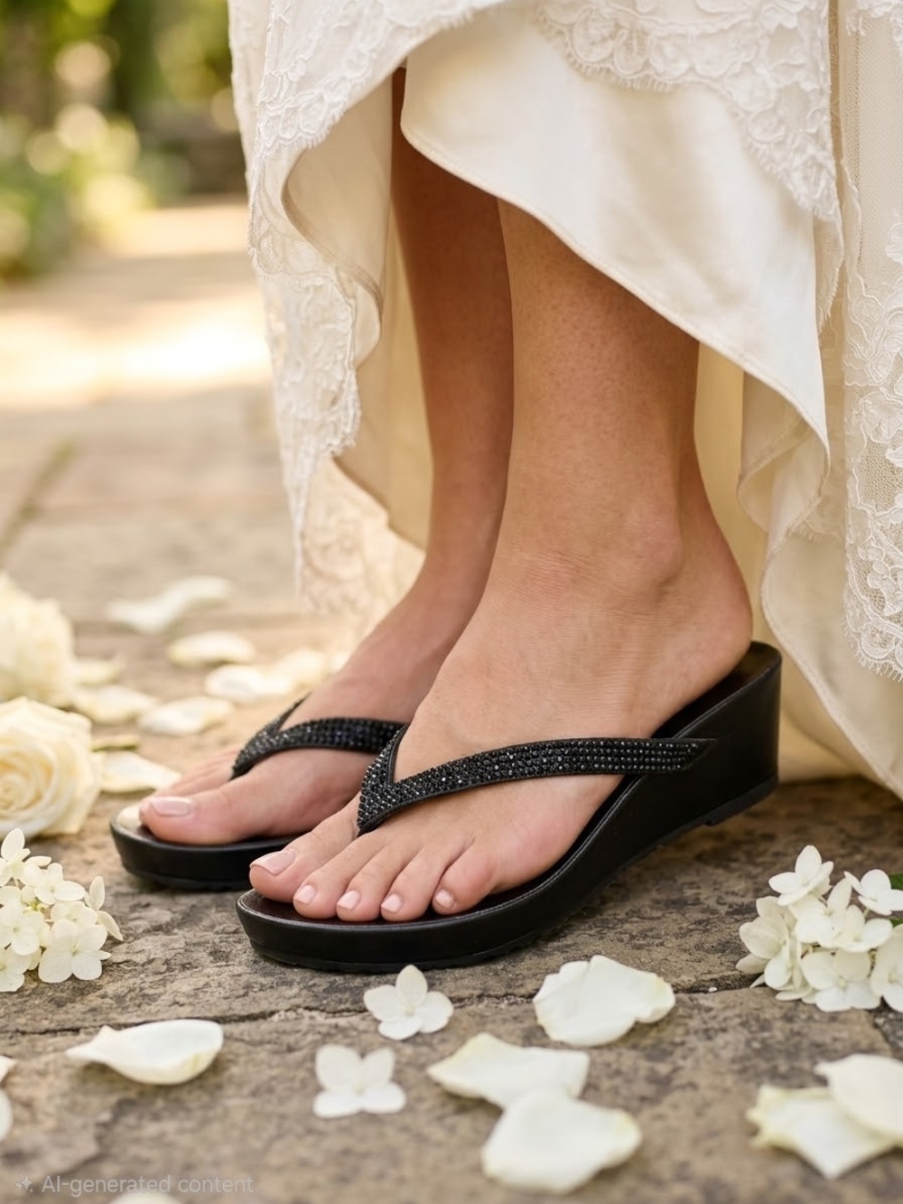NWB Fioni Black Rhinestone Wedge Flip Flop Sandals Size 8